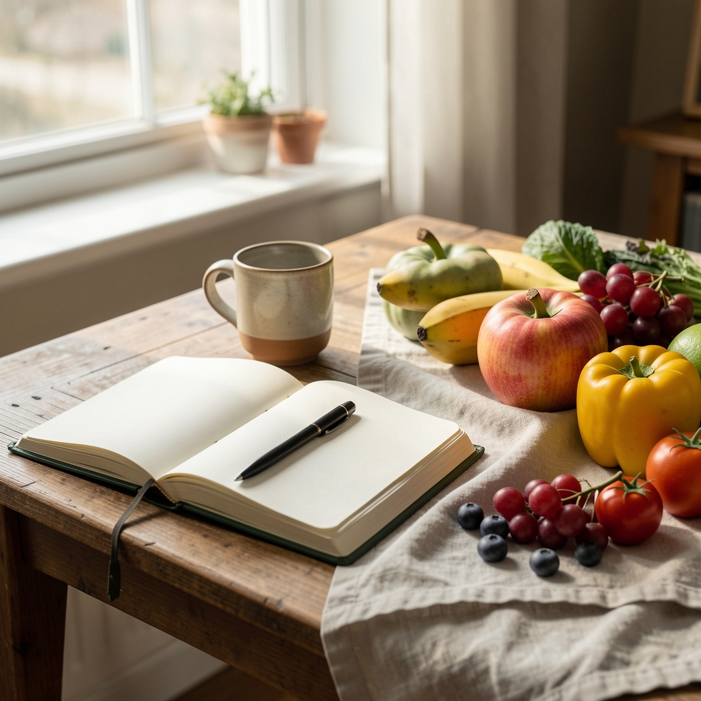 Editorial workspace at Tarvo Press — a wooden desk with an open notebook, a ceramic cup, and seasonal produce arranged on a linen cloth in morning light