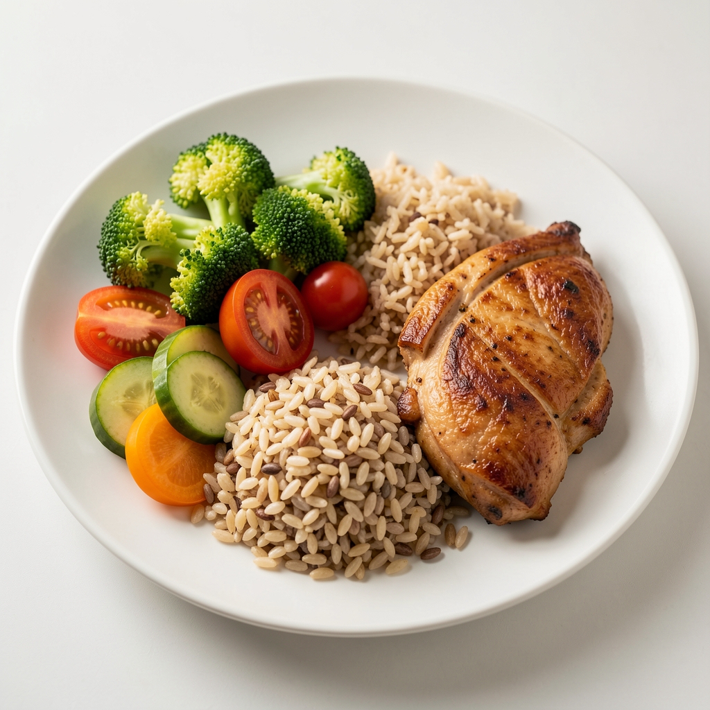 Close-up of a balanced meal plate with colourful vegetables, whole grains and a portion of protein on a light background