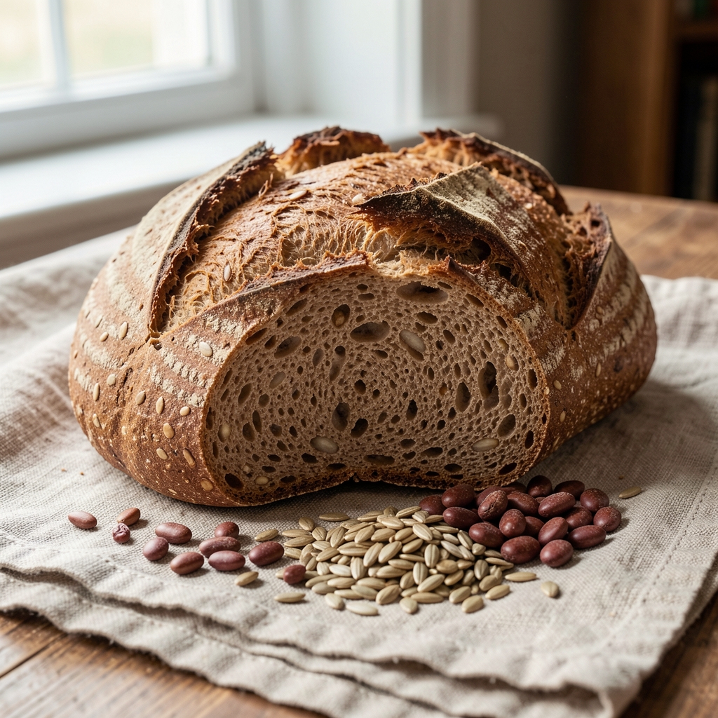 Whole grain bread, legumes and seeds arranged on a textured linen cloth with natural light from a window