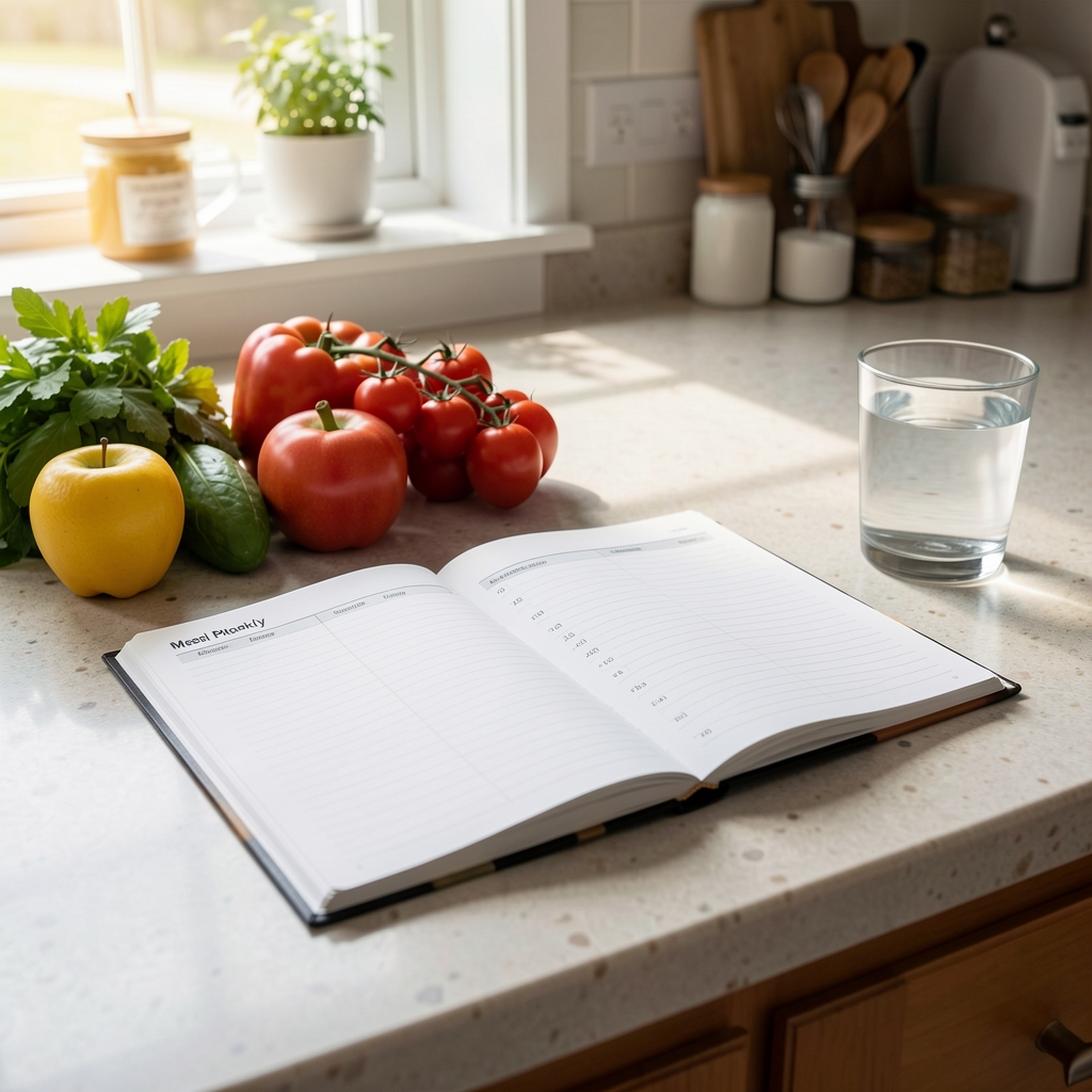 A weekly meal planning journal open on a kitchen counter beside fresh produce and a glass of water in morning light
