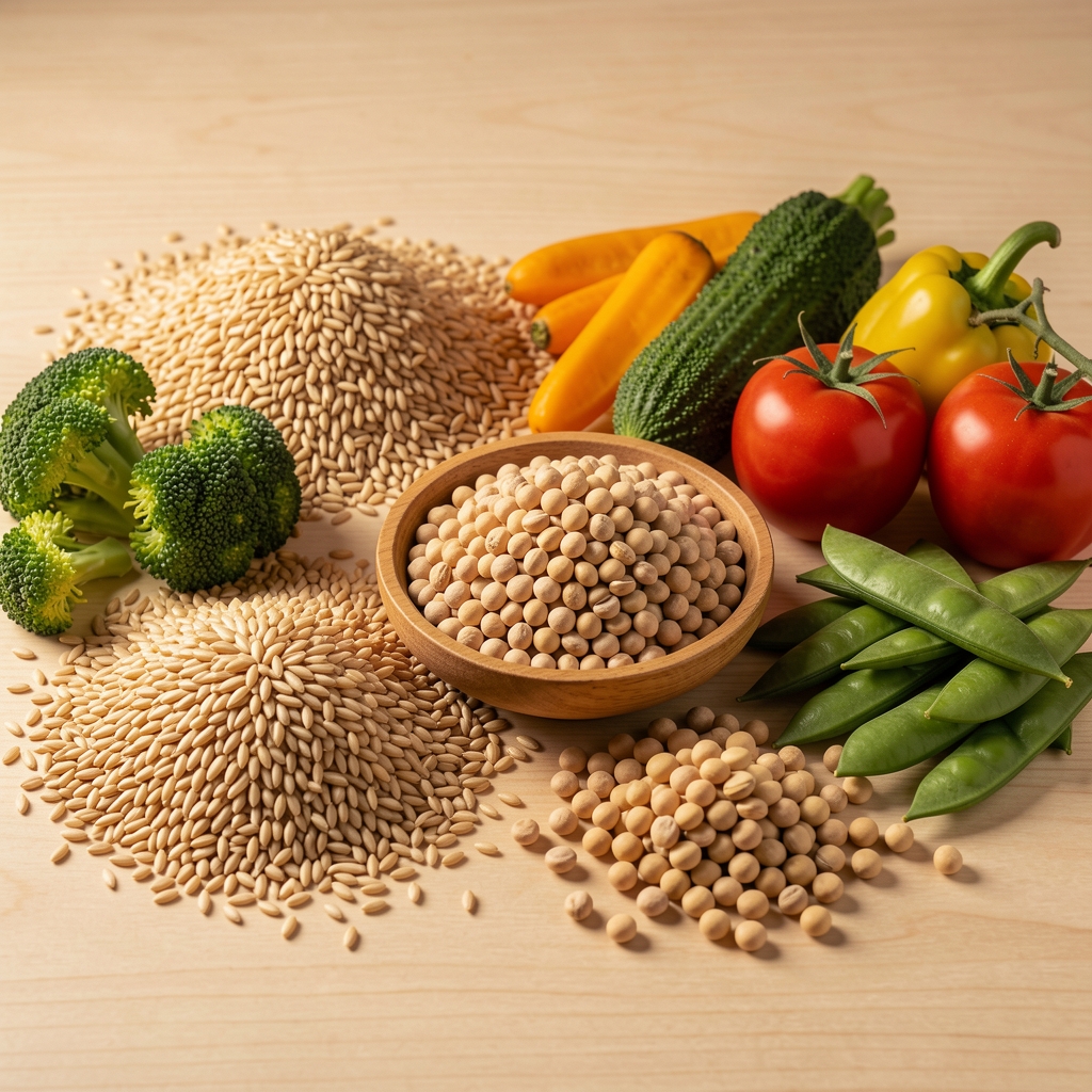 Carefully arranged whole foods on a light wooden surface — grains, vegetables, and pulses photographed under warm studio lighting